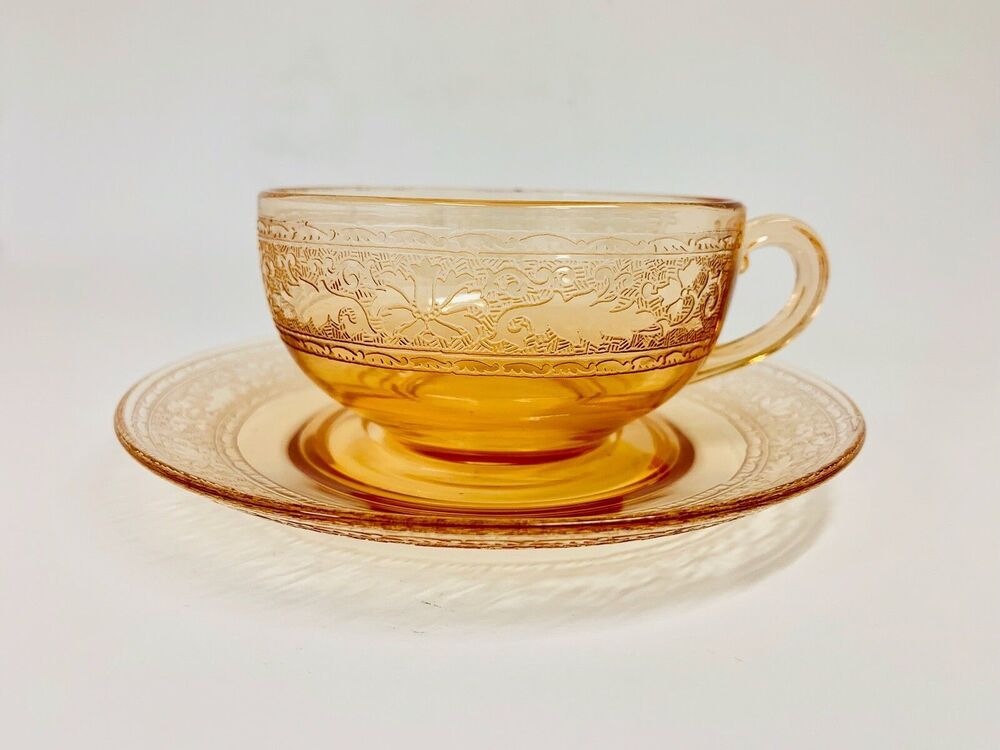 Fostoria Royal Amber Etched Glass Cups & Saucers Set of (2) Vintage (4 Pieces)